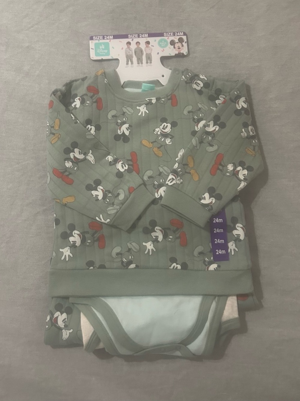 Disney 4pcs Green Mickey Mouse Print Baby Sweatshirt Set size 24M